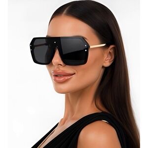 Oversized Sunglasses Women Fashion‎ Shield Dark Black Lens Trendy Shades Luxury